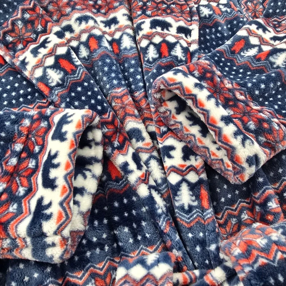 Chubbies Robe Mens One Size Blue Red Fair Isle Bear Fleece Belted Pockets Posh